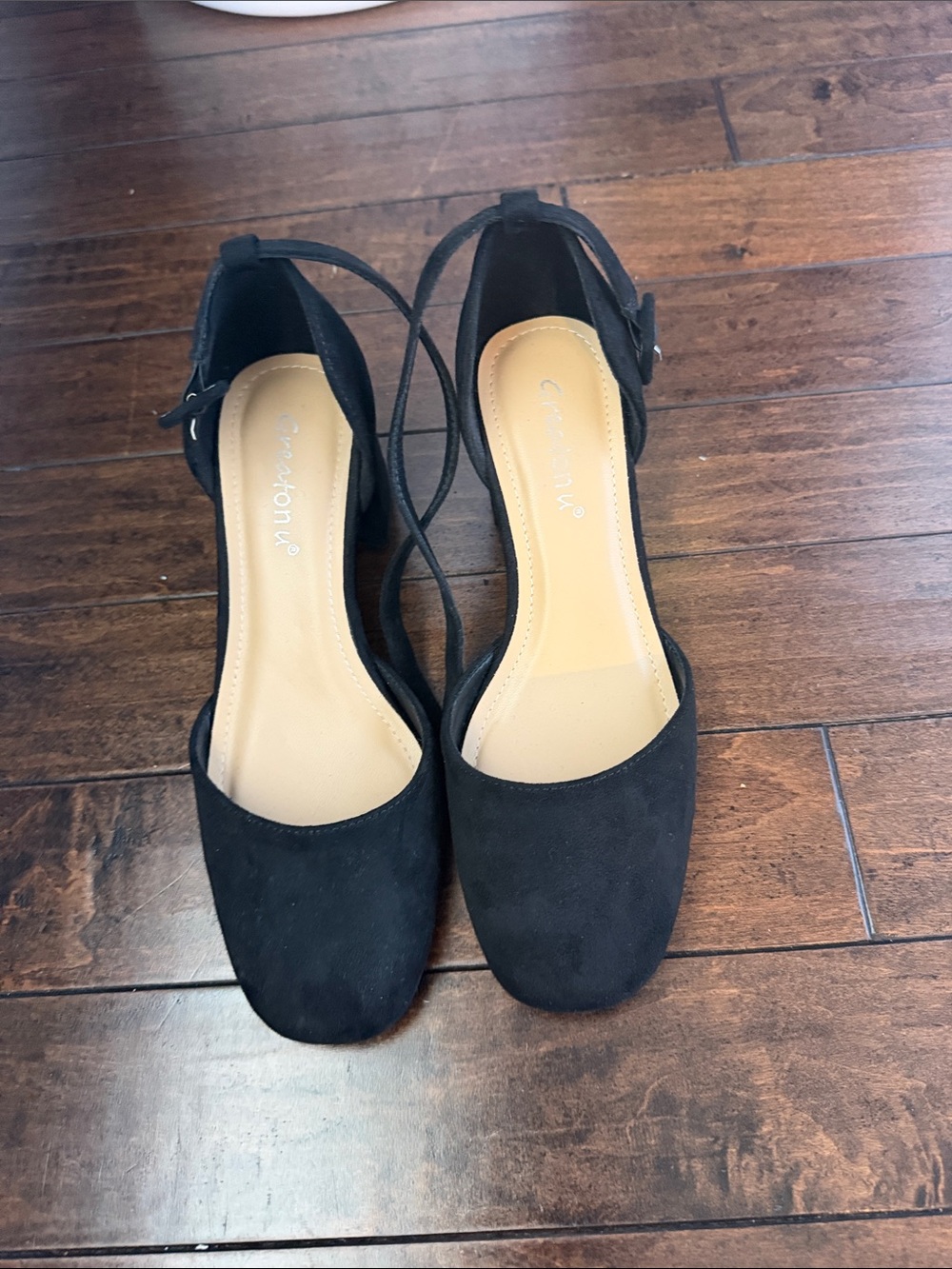 Greatonu Black Suede Ankle-Strap Square-Toe Heels